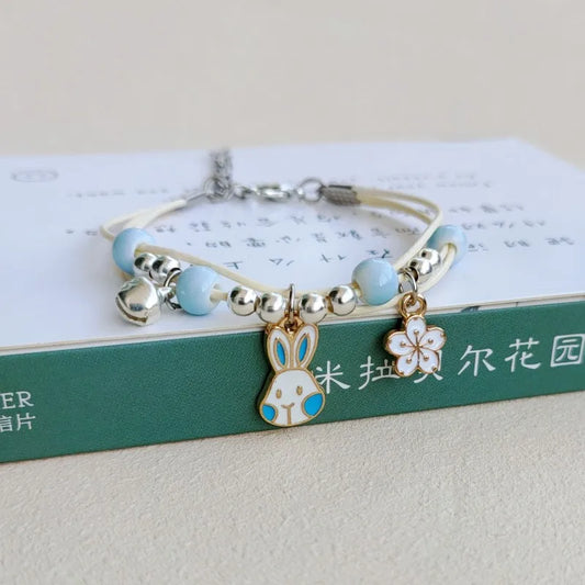 Luckacco Korean Rabbit Flower Rope Bracelet for Women Girls Fashion Woven String Bell Heart Airplane Beads Friendship Party Jewelry Gifts