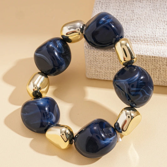 Luckacco 7 Styles Trendy Splicing Acrylic Round Beads Bracelets Bohemian Thick Irregular Resin Elastic Bangles Retro Jewelry for Women F