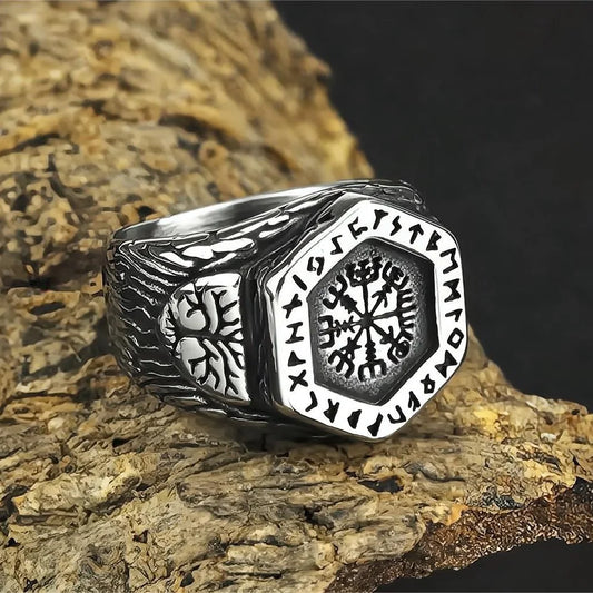 Luckacco Vintage Nordic Viking Ring Stainless Steel Men Ethnic Belief Odin Compass Valknut Tree of Life Ring Amulet Jewelry