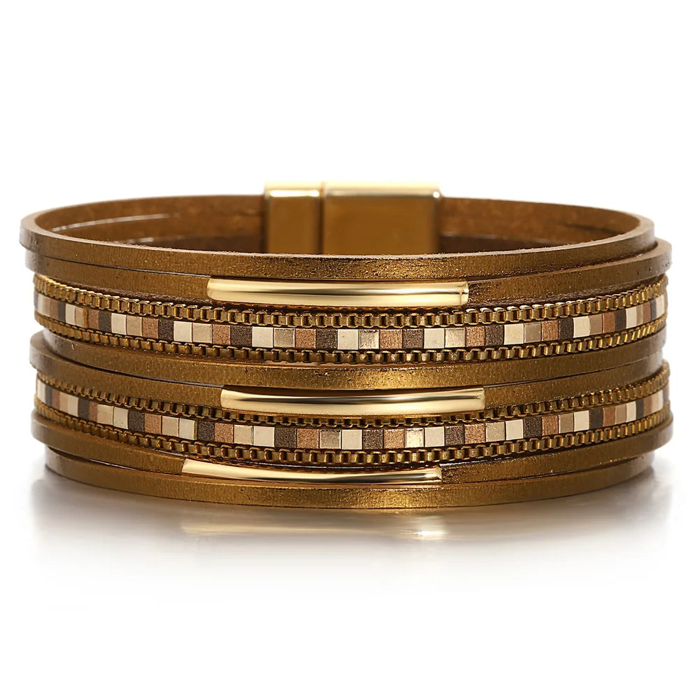 luckacco allyes trendy colorful square leather bracelet for women men boho metal tube multilayer wrap wide bracelets charm party jewelry