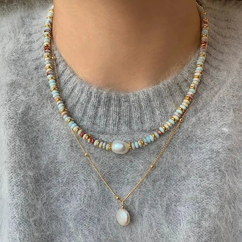 luckacco 2024 new trendy natural stone freshwater pearl collar chain necklace vintage handmade stylish beads jewelry bijoux gift