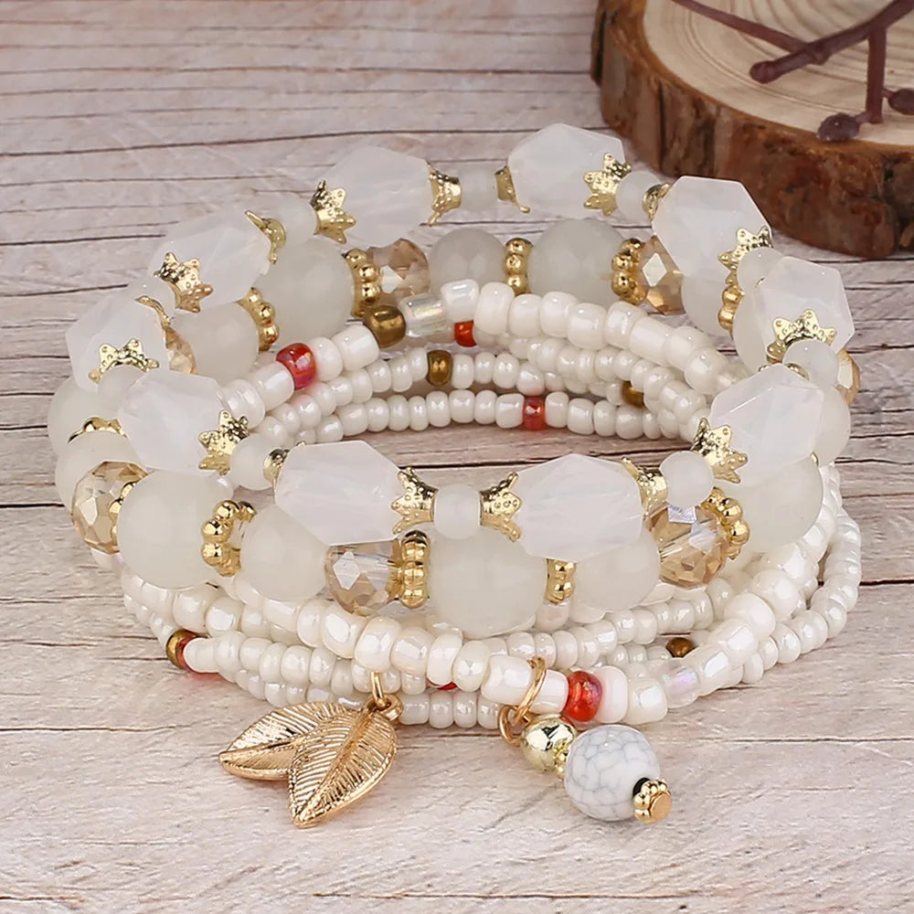 luckacco diezi korean ethnic bohemian crystal beads leaves charm bracelets for women girls elastic rope wrap bracelet pulseira feminina