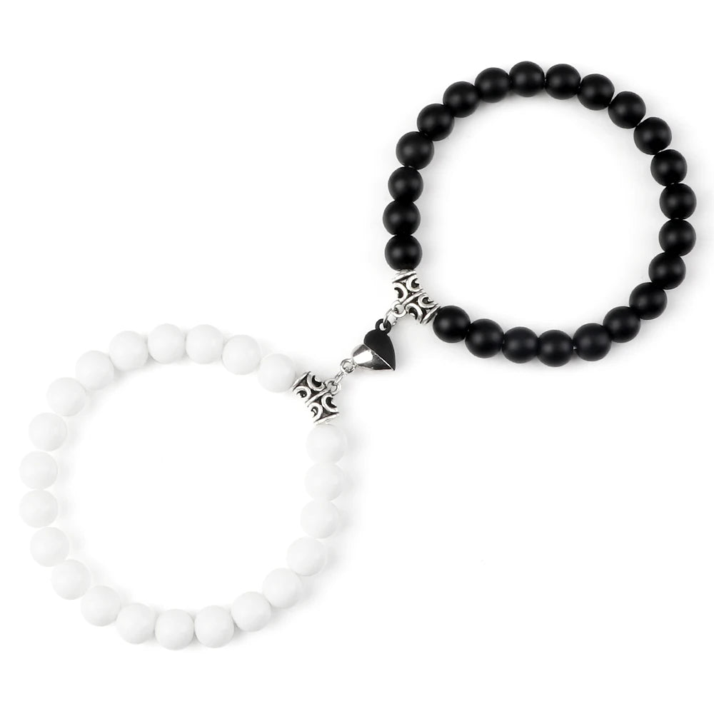 luckacco 2pcs/set sliver black color magnet pendant bracelets 6mm 8mm white porcelain black line beads couple bracelet jewelry gift new