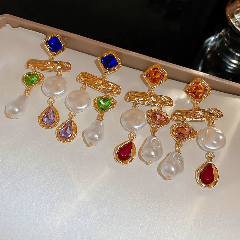 luckacco inlaid rhinestone asymmetrical pearl earrings for women palace style retro fringe drop earring exaggerated jewelry
