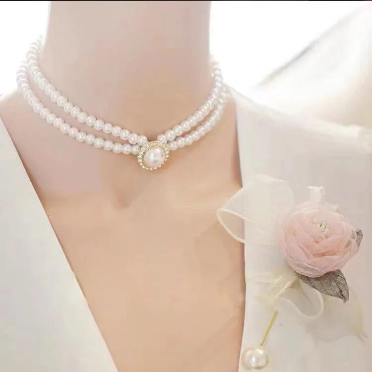 luckacco women elegant pearl double layers necklace earrings exquisite vintage classic chains for lady party wedding retro jewelry choker