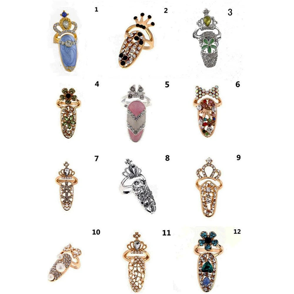 luckacco fashion rhinestone crown flower nail ring adjustable opening gold plated manicure joint ring for women party jewelry