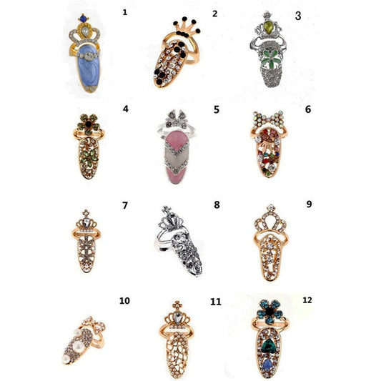 Luckacco Fashion Rhinestone Crown Flower Nail Ring Adjustable Opening Gold Plated Manicure Joint Ring for Women Party Jewelry