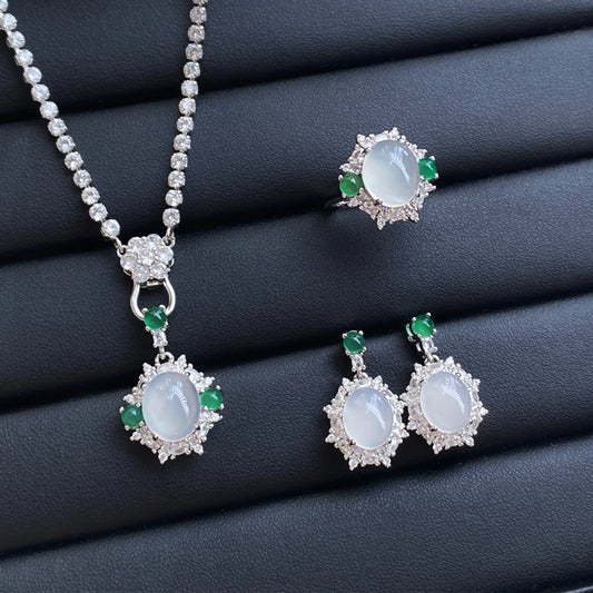 Luckacco Valuable Lab Jade Diamond Jewelry set 925 Sterling Silver Engagement Wedding Rings Earrings Necklace For Women Bridal Party Gift