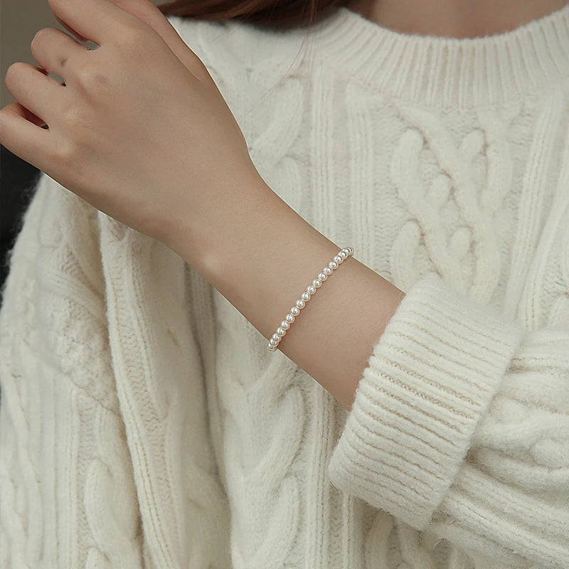luckacco 4mm-10mm french retro simple white pearl elastic bracelet women's hand bracelets birthday party gift fashion jewelry