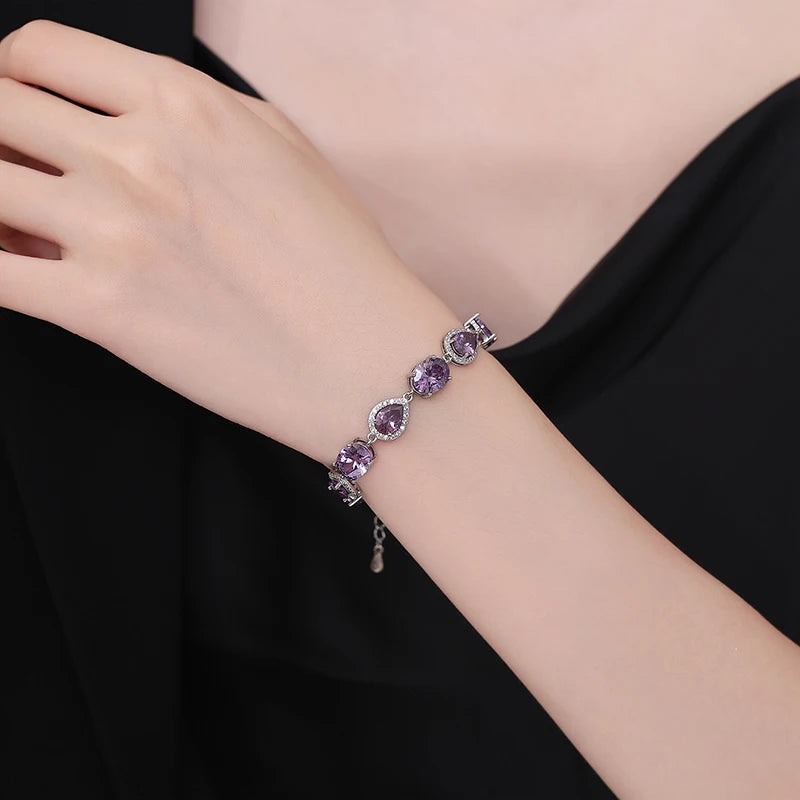 luckacco amethyst purple zircon tennis bracelets female real s925 silver plated gemstone bracelet for women birthday gift