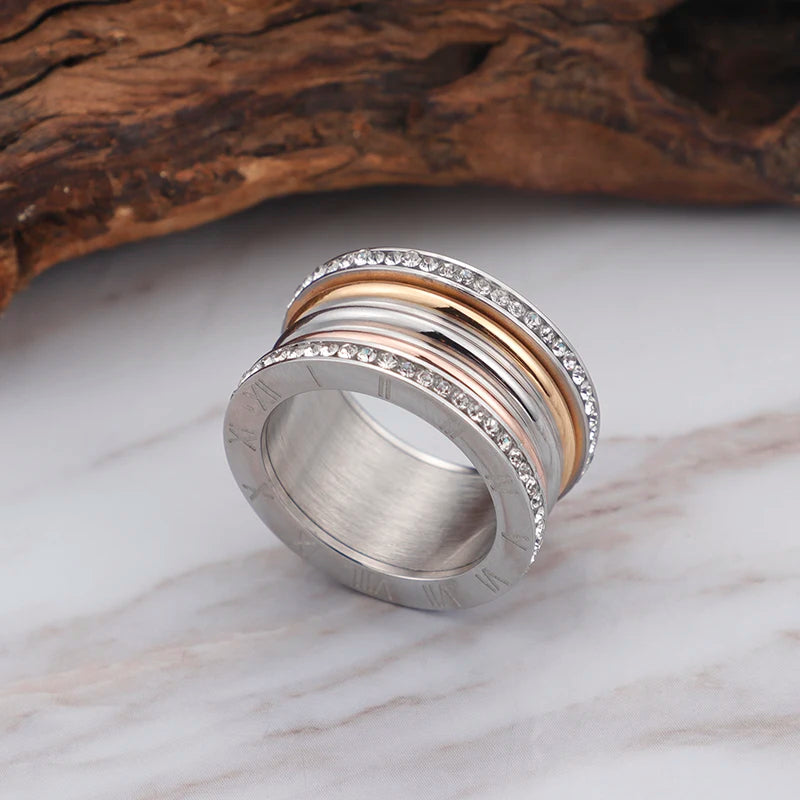 luckacco elegant stainless steel large rings for women roman alphabet shiny zircon ring chunky anillos mujer party wedding jewelry luxury