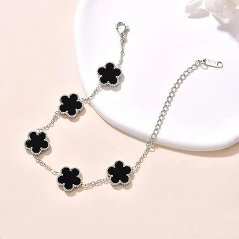 luckacco 14k gold plated five-leaf clover link bracelets white black blue gold red green lucky bracelets jewelry gifts trendy for women