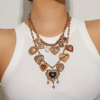 Luckacco Fashion Punk Metal Heart Pendant Necklaces for Women Vintage Double Layered Choker Chain Necklaces Luxury Party Jewelry Gifts