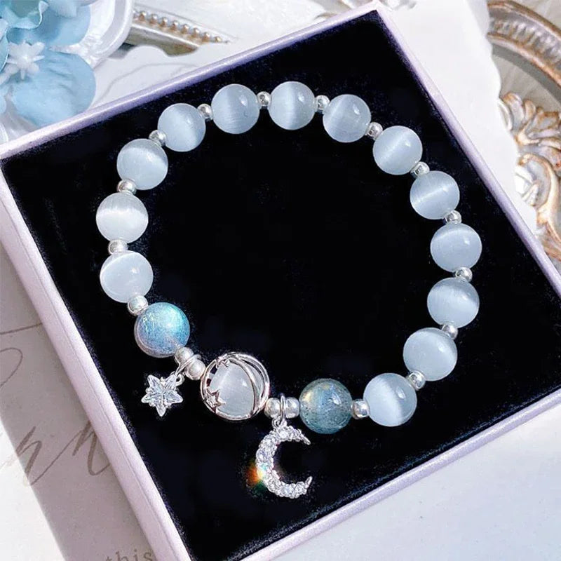 luckacco niche design star chain tassel bracelet for women fantasy blue crystal beads elastic rope bracelet best friend jewelry gifts