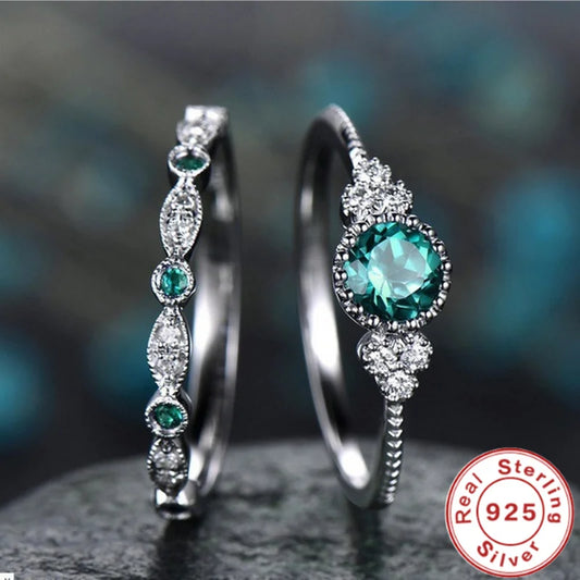 Luckacco 925 Sterling Silver Ring Set with Emerald Zircon Crystals for Women Engagement Wedding Glamour Jewelry Gifts
