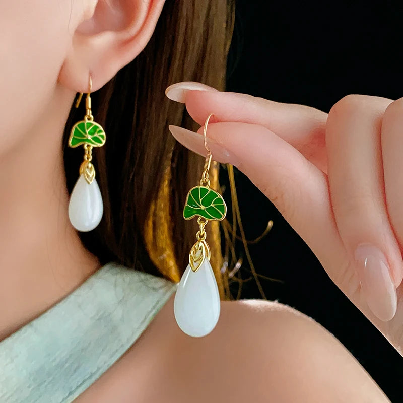 luckacco lily of the valley leaf water drop resin dangle earrings for women partysu new in earring hook vintage fashion cheongsam jewelr