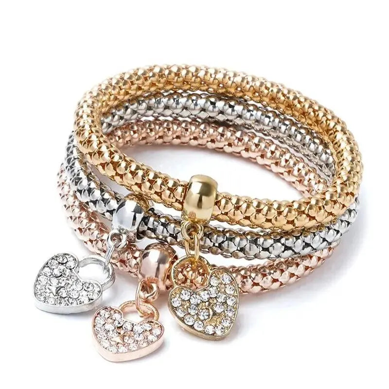 luckacco 3 pcs set heart lock key music sign charm bracelet owl rose gold plating silver color chain owm charm bangle jewelry set