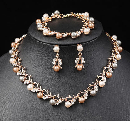 Luckacco Korean Pearl Necklace Earring Set Bridal Dress jewellery woman Accessories Fashion Small Fresh Alloy Three Piece  jewelry sets