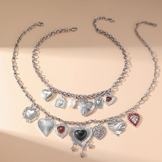 Luckacco Fashion Punk Metal Heart Pendant Necklaces for Women Vintage Double Layered Choker Chain Necklaces Luxury Party Jewelry Gifts