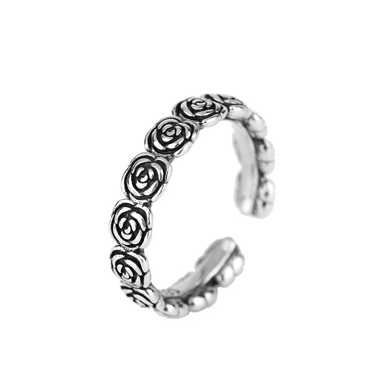 luckacco hot sell fashion rose flower retro thai silver female finger ring promotion jewelry for women never fade gifts