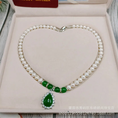 Luckacco 8-9mm Near Round White Natural Freshwater Pearl Necklace Red/Green Waterdrop Chalcedony Bracelet Earrings for Mother Jewelry Set