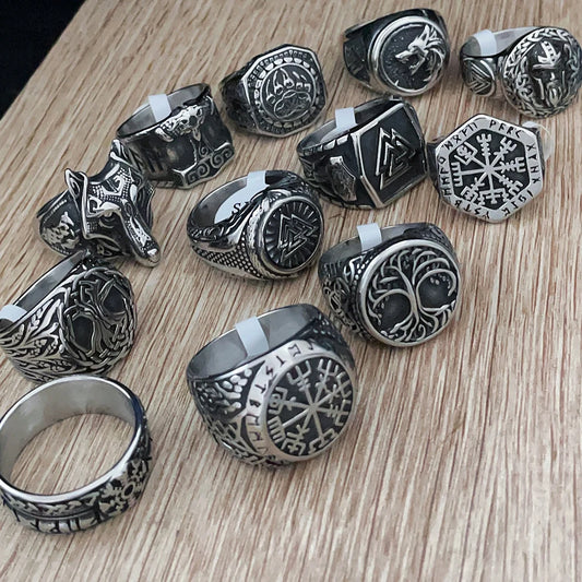 Luckacco Vintage Nordic Viking Ring Stainless Steel Men Ethnic Belief Odin Compass Valknut Tree of Life Ring Amulet Jewelry