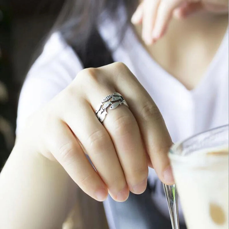 luckacco 925 sterling silver rings for women simple minimalist  retro fish open finger ring fashion band female bijoux gift
