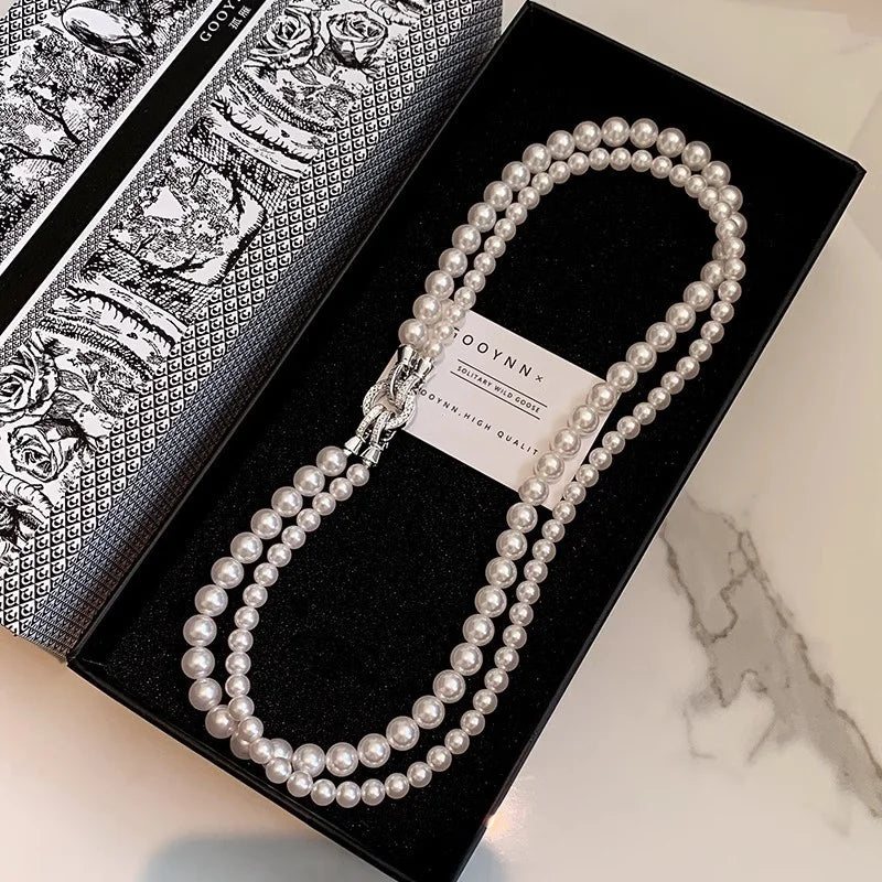 luckacco fashion aristocratic double-layer layered pearl necklace for women detachable vintag banquet jewelry collarbone chain