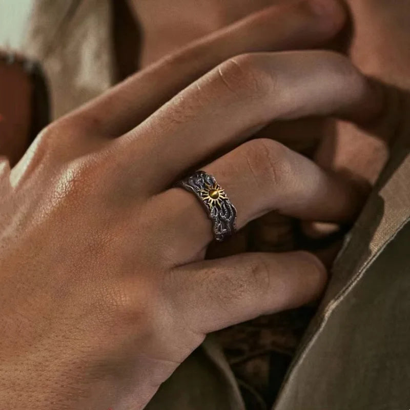 luckacco retro golden sun ring for men silver color punk gothic trendy open ring handmade designer jewelry unisex accessories lovers gift