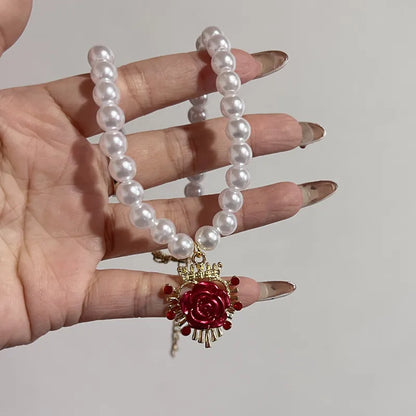 Luckacco Vintage Red Rose Baroque Cross Pearl Pendant Necklace for Women's Palace Aesthetic Jewelry