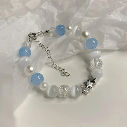 Luckacco Harajuku Pentagram Pearl Beaded Bracelets for Women 2023 Korean Aesthetic Cute Star Blue Glass Ball Bracelets Y2k Jewelry Gifts