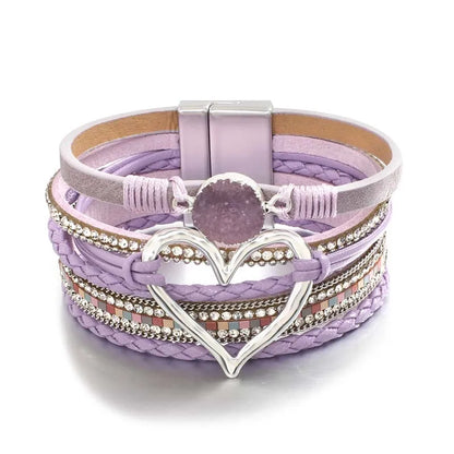Luckacco Amorcome Fashion Braided Leather Wrap Bracelets Bangles Multilayer Resin Stone Hollow Heart Charm Bracelets Women Gift Pulseira