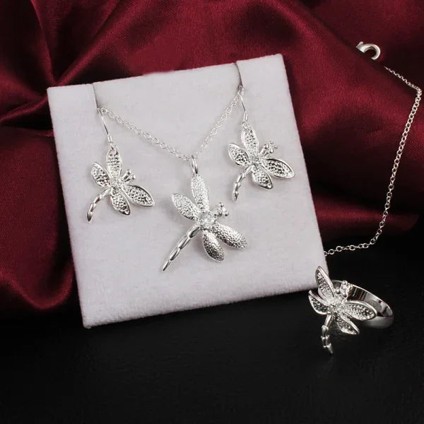 luckacco 925 sterling silver crystal dragonfly necklace earring rings jewelry set for women party wedding  accessories gifts