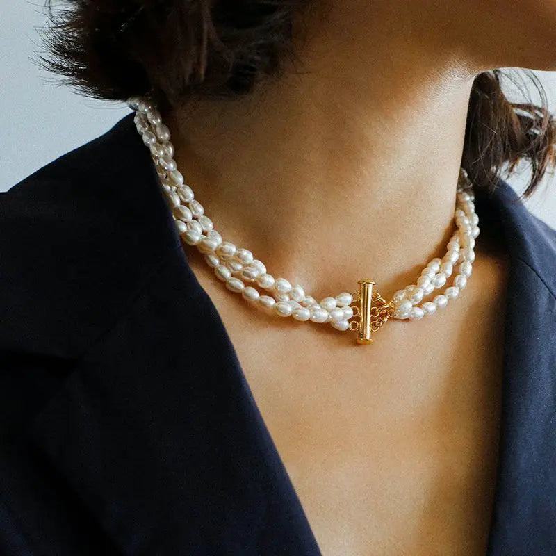luckacco brass natural baroque pearl layered chain choker necklace women jewelry punk designer runway rare gown boho japan korean