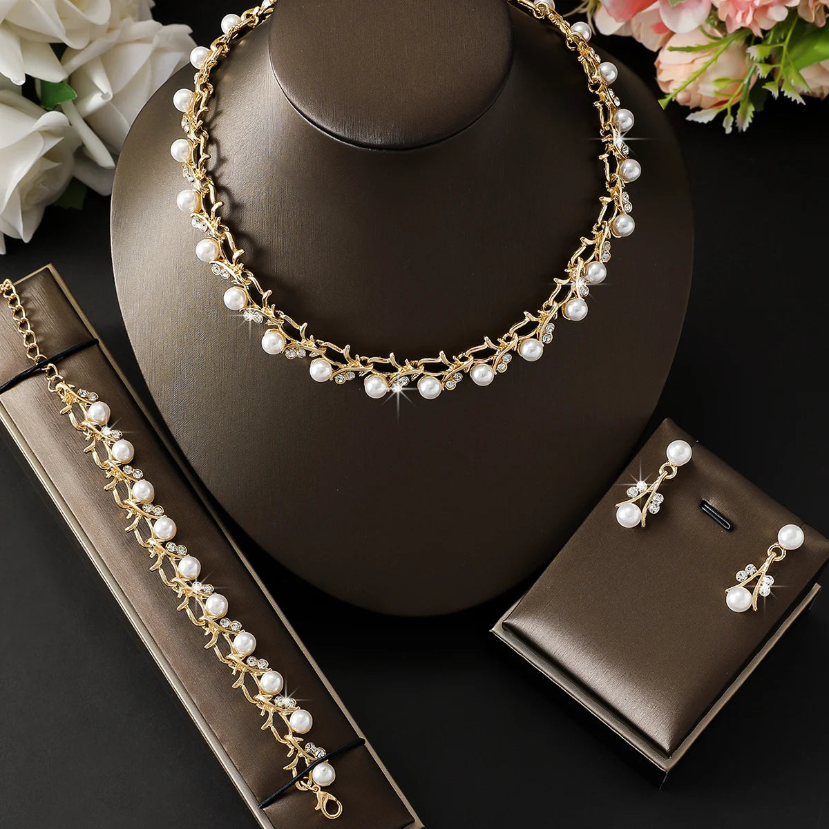 luckacco 4pcs women's jewelry set with pearl rhinestone necklace, earrings, bracelets, bride's wedding accessories