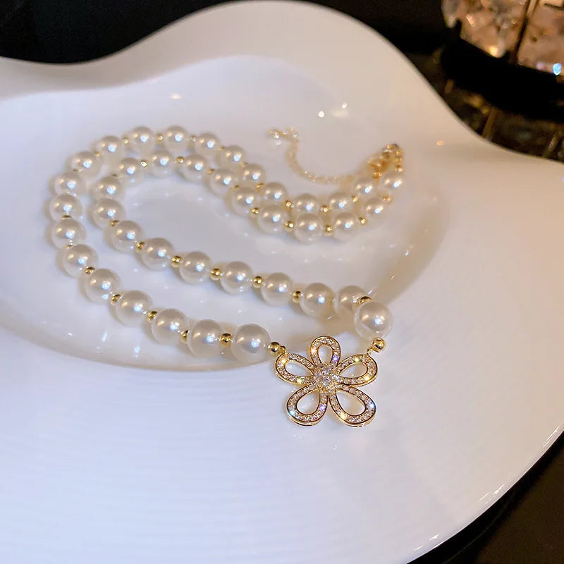 luckacco 2023 new fashion trend unique design delicate vintage zircon flower pearl necklace women jewelry wedding party premium gift