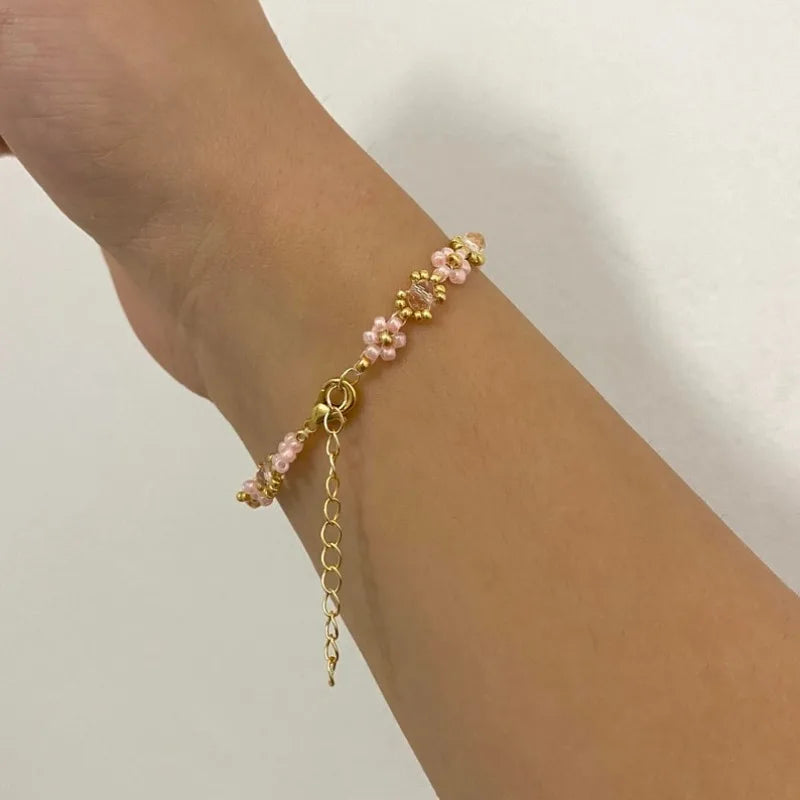 luckacco pink daisy beaded flower bracelet, a gift for her,