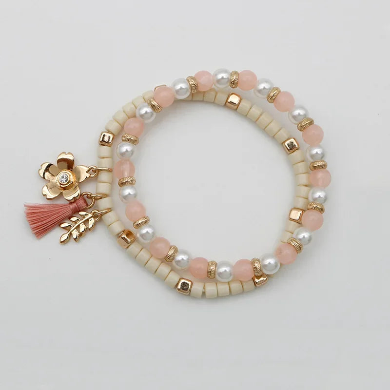luckacco beaded cute bracelets set for women pink cream tassel leaf flower sweet romantic stretch trendy fashion jewelry gifts 2021113