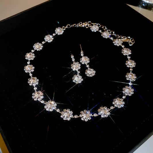 Luckacco 3 Pcs Rhinestone Pearl Rectangular Earrings Necklace Set Two-piece Vintage Choker Accessory Light Luxury Jewelry Sets Wedding