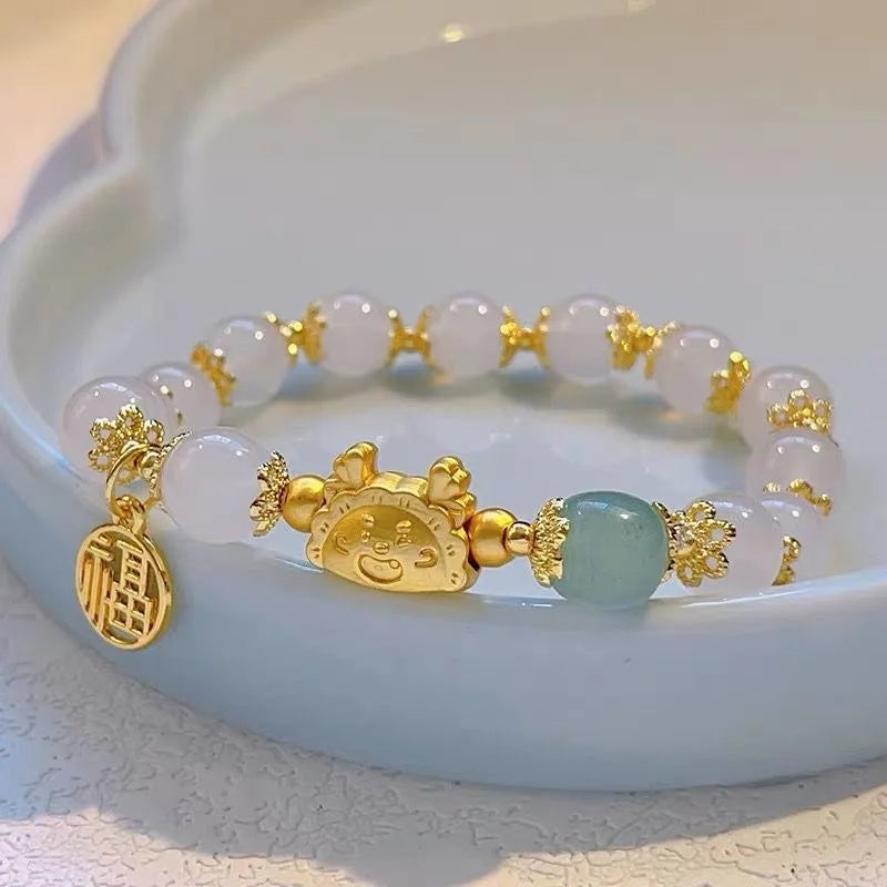 luckacco lats green glass imitation opal bracelet for women exquisite gold color leaves wrist strap bangle chain bracelets girls gifts