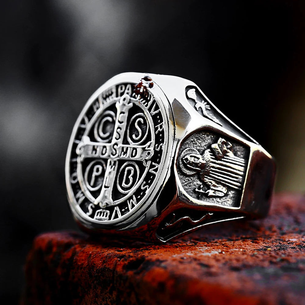 luckacco vintage exorcism saint benedict cspb cross ring men punk amulet christianity rings stainless steel jewelry gift