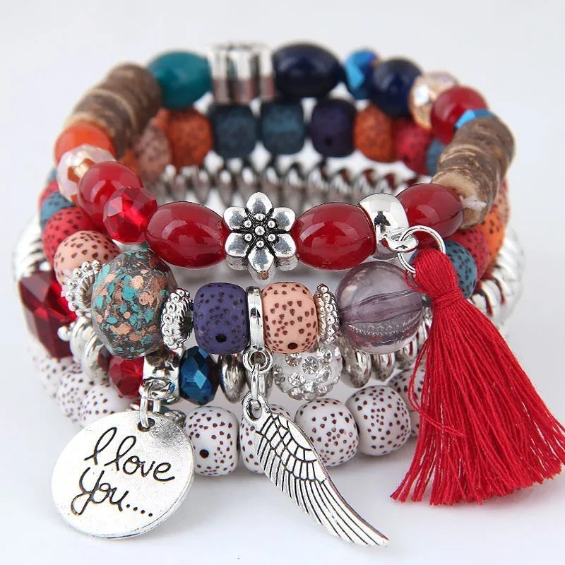 luckacco bohemian charm beads wrap bracelets & bangles for women boho flower leaf tassel bracelet multilayer bracelet femme 2024 new