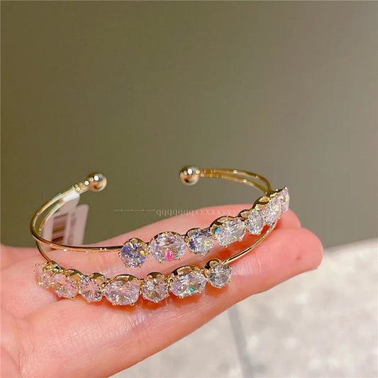 Luckacco Cuff Bracelets Sparkling Gold Color Double Layer Open Bangles For Women Shine Cubic Zircon Luxury Jewelry Party Accessories