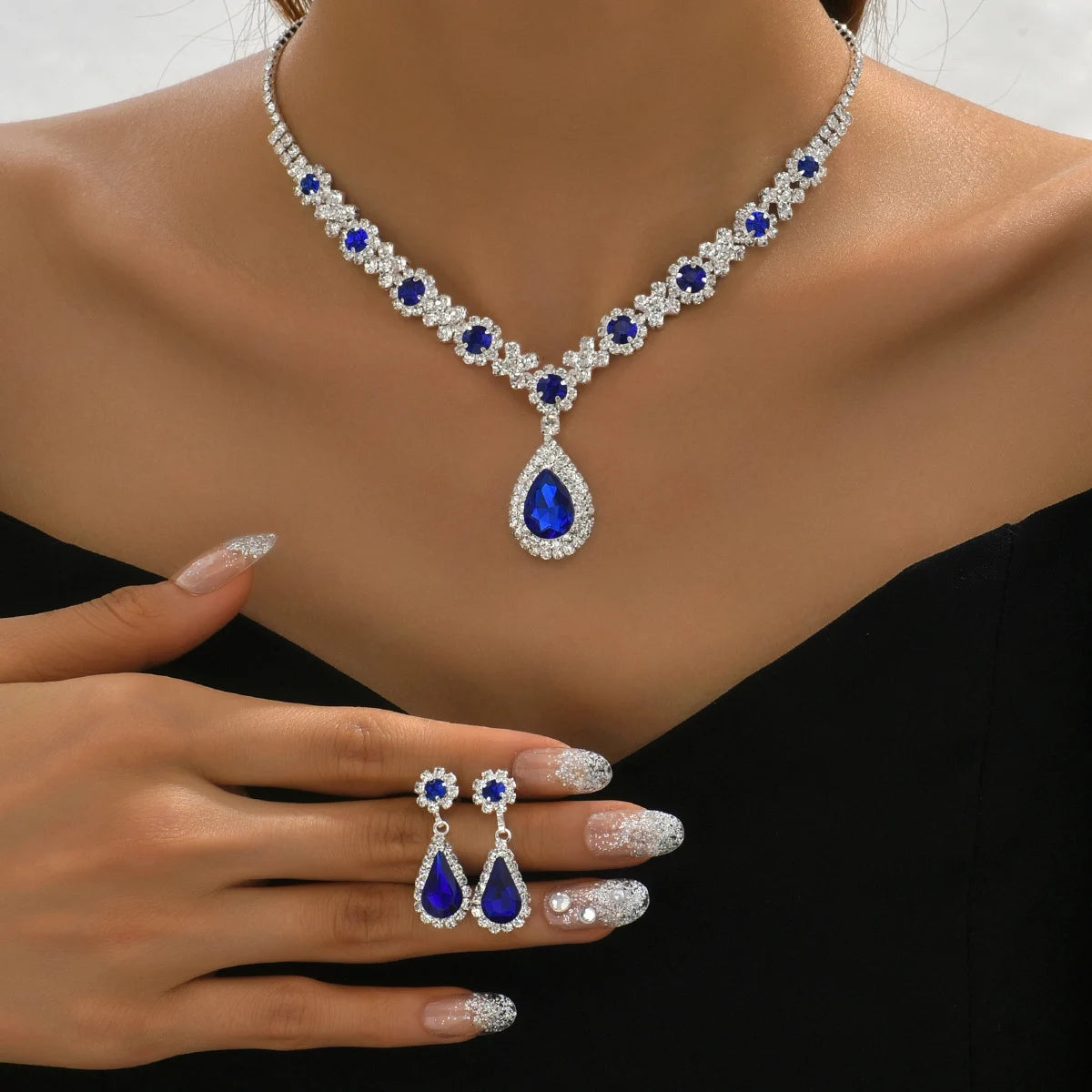 luckacco 3 pieces of women's crystal droplet necklace with earrings set for wedding evening dress accessories