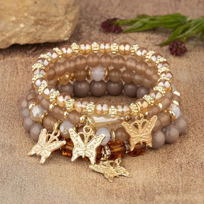 luckacco 4pcs bohemian butterfly charm bracelet set for women crystal beads chain bangle female fashion party jewelry gift