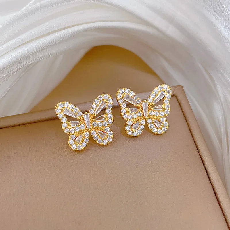 luckacco 2pcs stainless steel hollow crystal butterfly pendant necklace earrings sets for women luxury daily wear jewelry set birthday