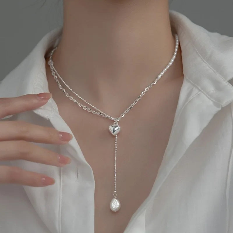 luckacco new trendy fashion 925 silver pearl simple elegant thin chain pendant necklace for women girl jewelry dropship
