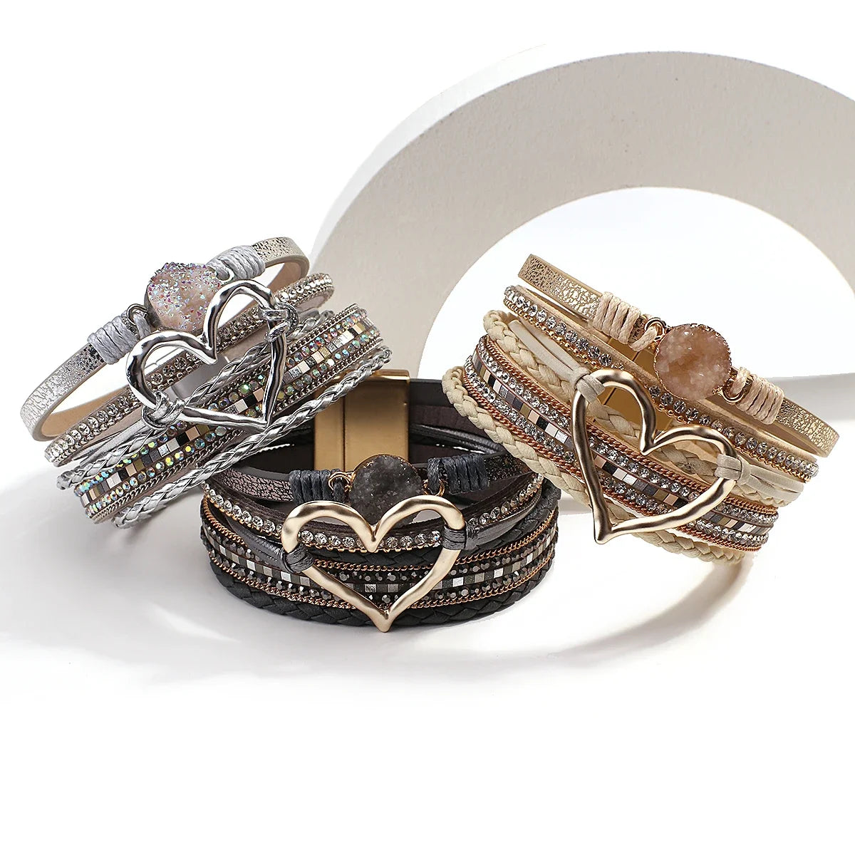 luckacco amorcome fashion braided leather wrap bracelets bangles multilayer resin stone hollow heart charm bracelets women gift pulseira