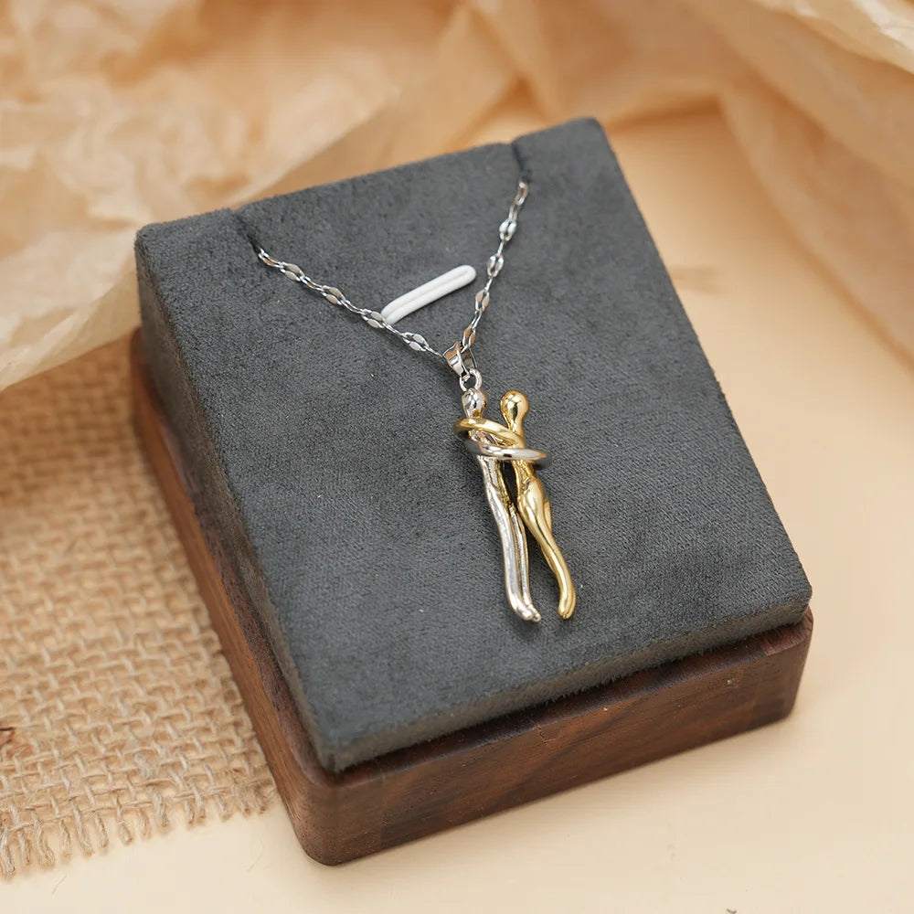 luckacco ftcy stainless steel couple hugging necklace pendant for women men gold silver color couple love chain friend gift party jewelry