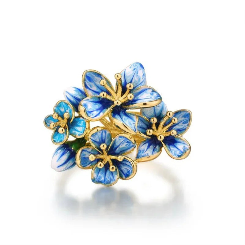 luckacco vintage blue enamel flower with cubic zirconia ring for women elegant fashion temperament jewellery holiday delicate gifts